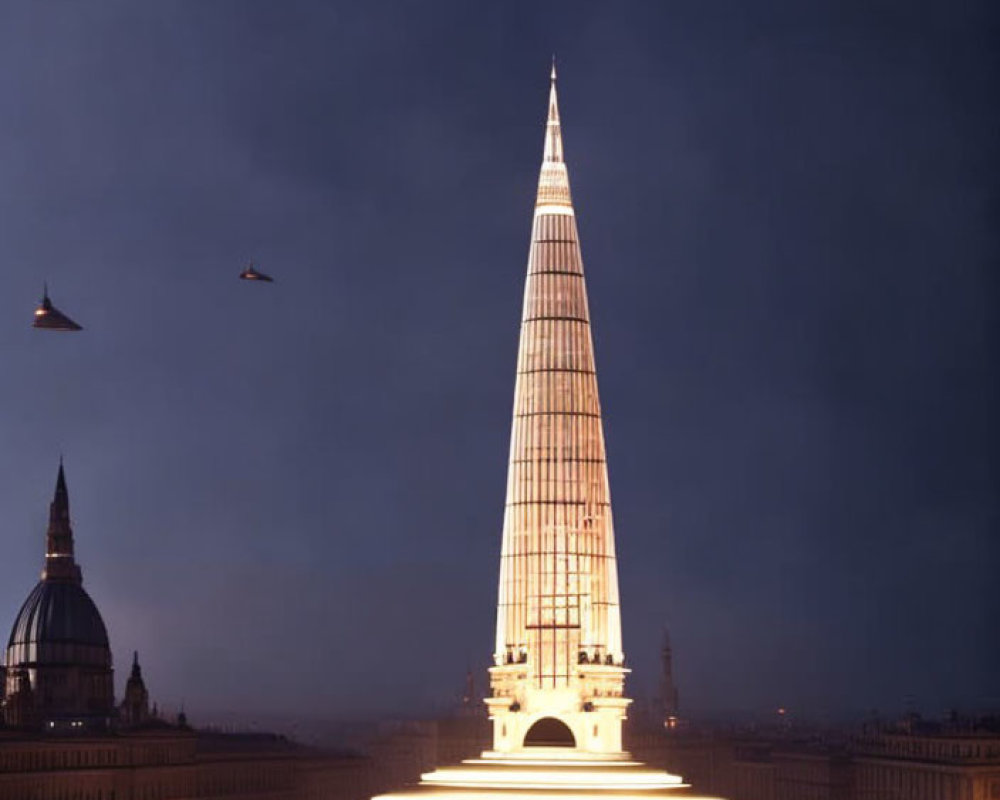 Tall skyscraper illuminated at dusk with birds flying by