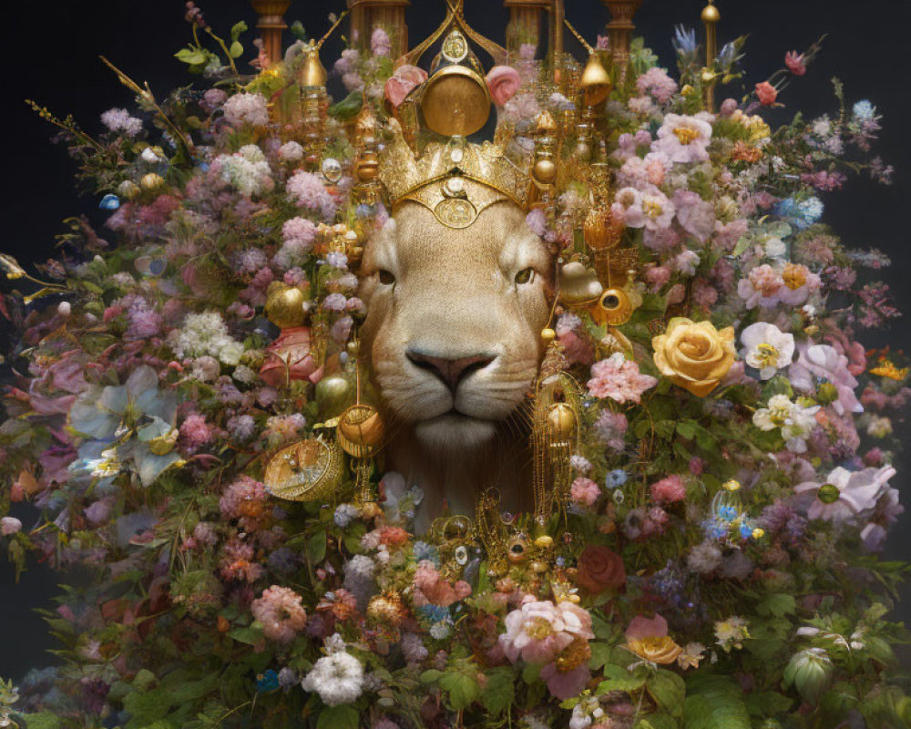 Regal lion head with golden jewelry among vibrant flowers