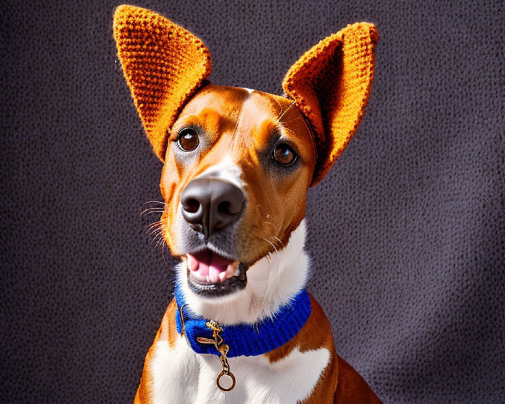 Brown and White Dog with Blue Collar on Grey Background