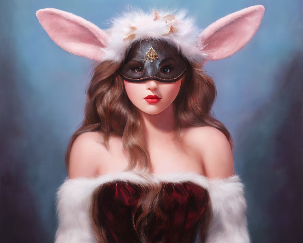 Burgundy Velvet Costume with Bunny Ears and Masquerade Mask on Misty Blue Background