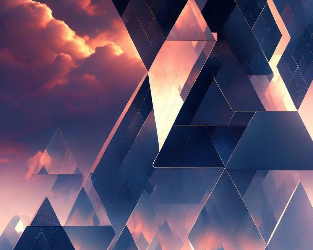 Geometric blue and pink triangles on cloudy sky backdrop