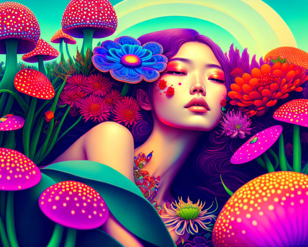 Colorful surreal artwork: Woman with floral motifs and mushrooms in radiant setting