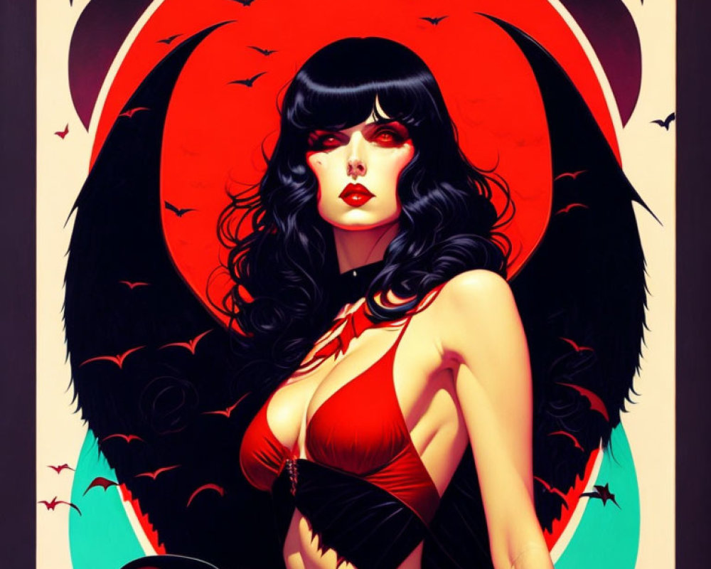 Stylized illustration of woman with black hair and red attire under crimson moon, with bats and r