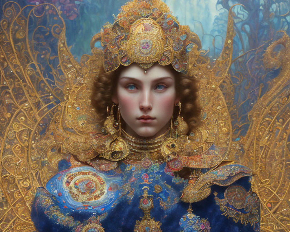 Elaborate Golden Headdress Woman in Blue and Gold Attire