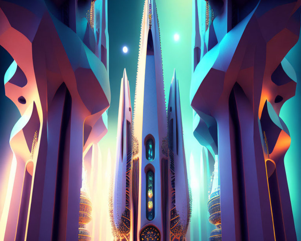 Futuristic twilight cityscape with neon lights and towering spires