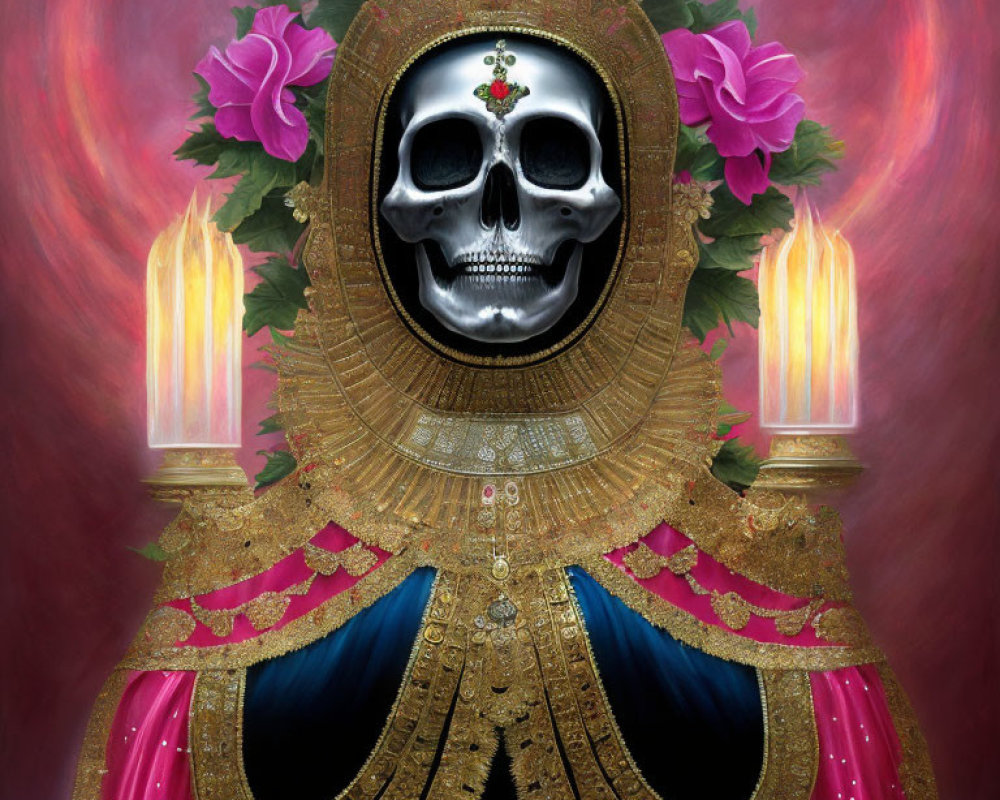 Surreal skull portrait with floral backdrop and golden attire