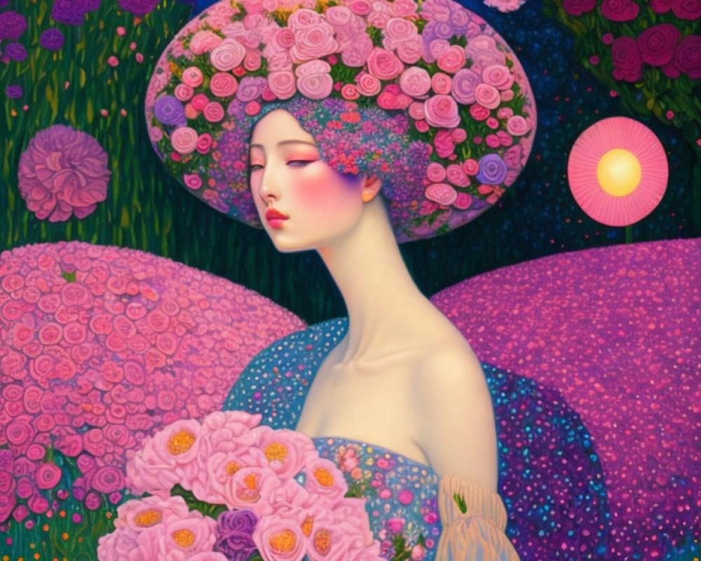 Surreal portrait of woman with floral hat and vibrant flowers