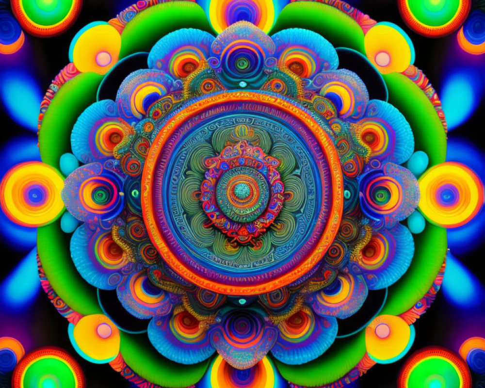 Symmetrical psychedelic mandala with vibrant blues, oranges, and greens