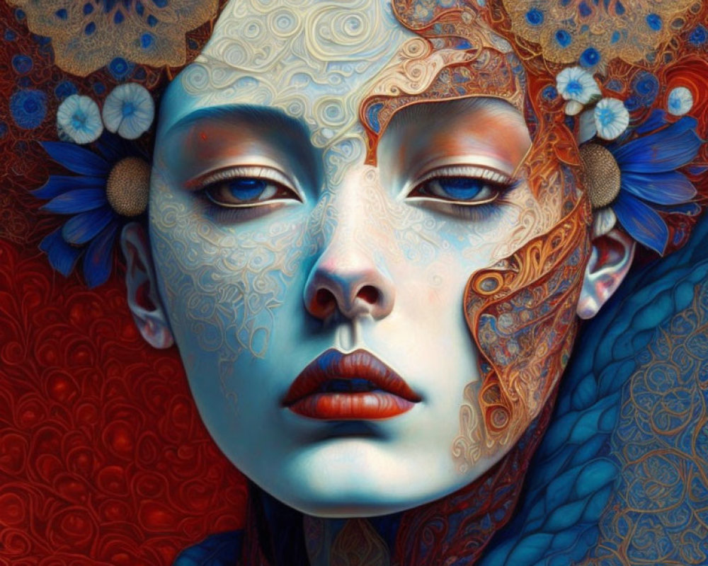 Ethereal woman with blue and red patterns and textures