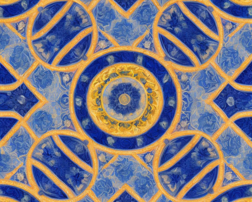 Symmetrical blue and gold mandala with geometric and floral patterns