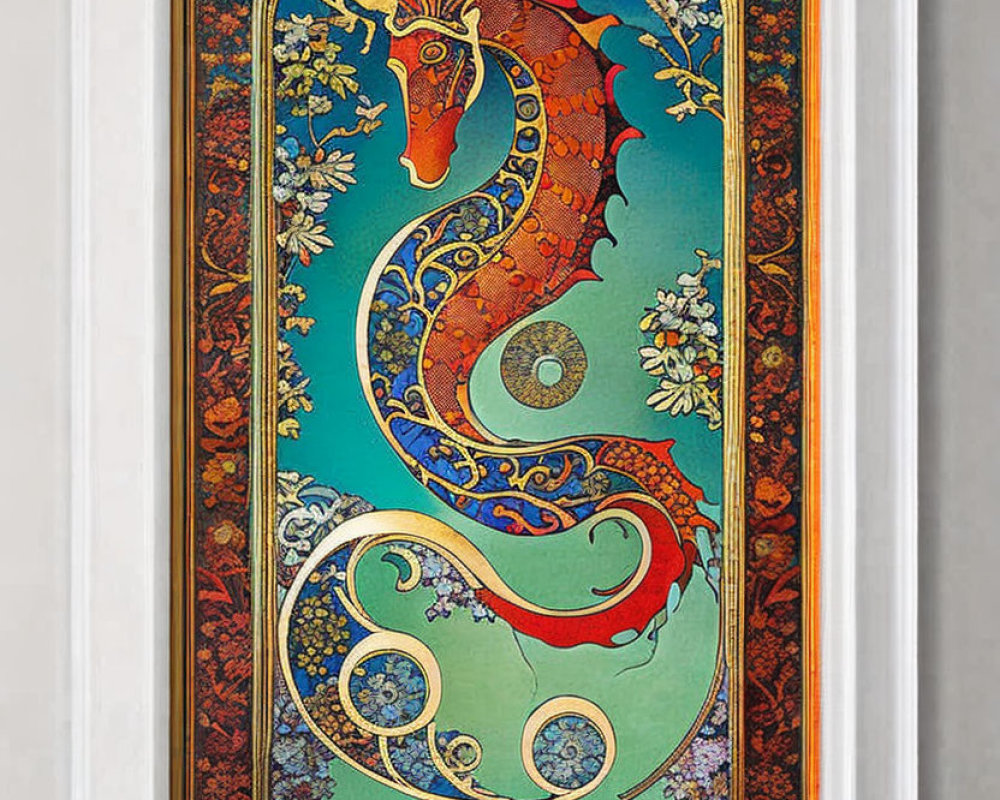 Mythical red dragon artwork with intricate patterns and floral motifs on turquoise background