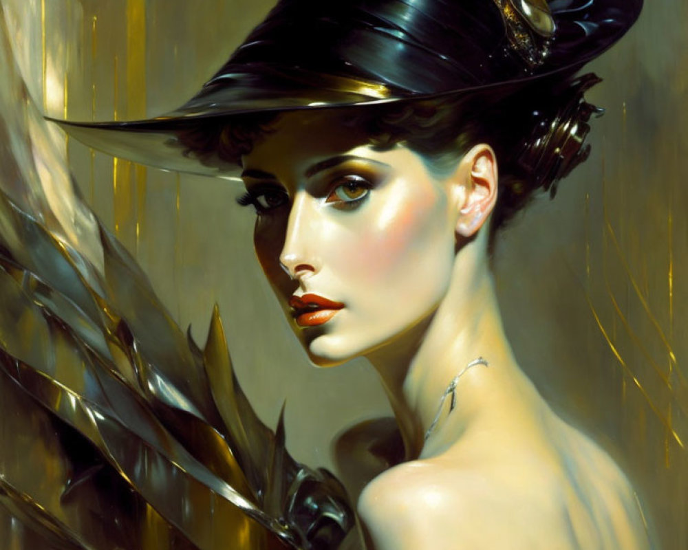 Classic painting of elegant woman in stylish black hat with gold adornments