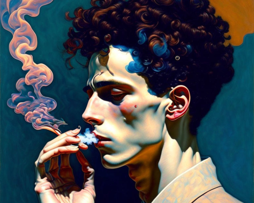 Colorful smoke portrait of man with curly hair on dark backdrop