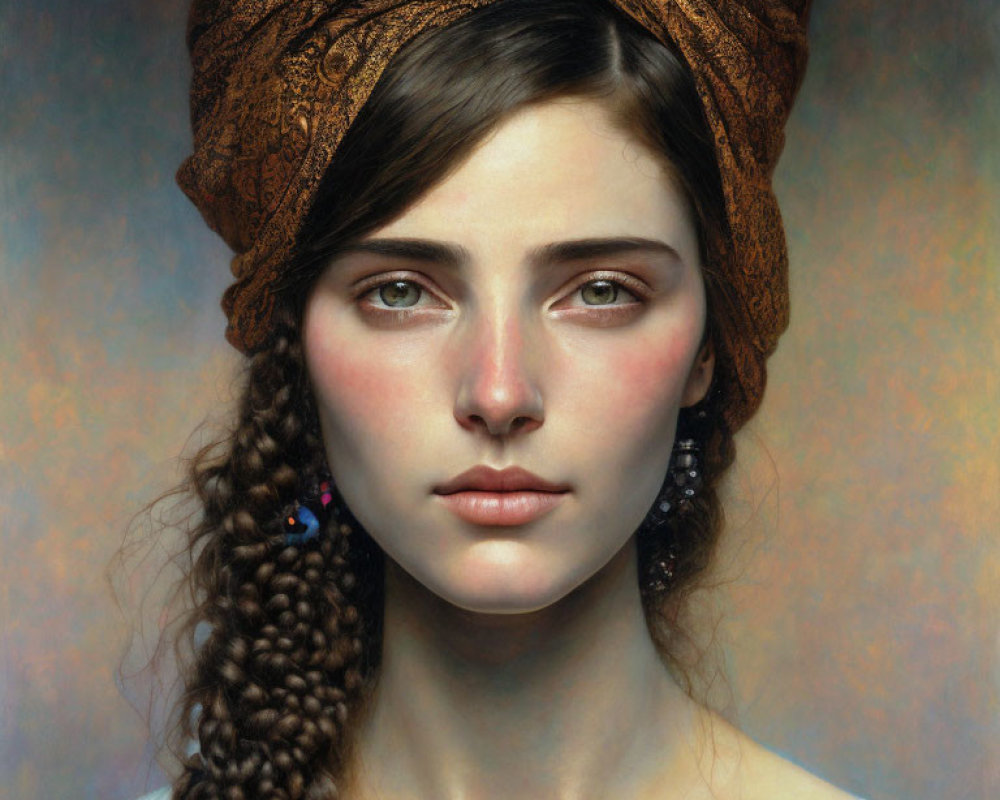 Realistic painting of woman with braided hair and golden headwrap