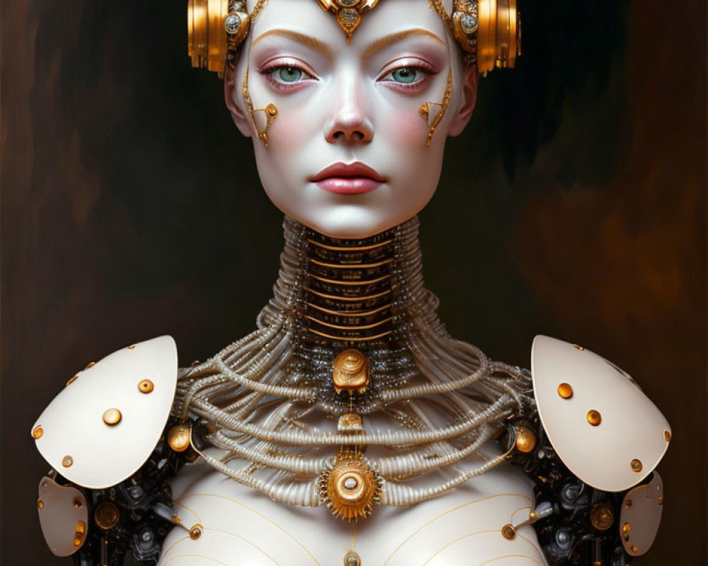 Female Android with Ornate Headgear and Gold Accents on Dark Background
