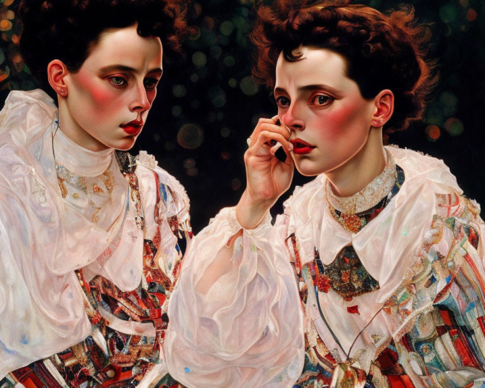 Figurative painting of two similar figures in ornate white blouses on dark backdrop