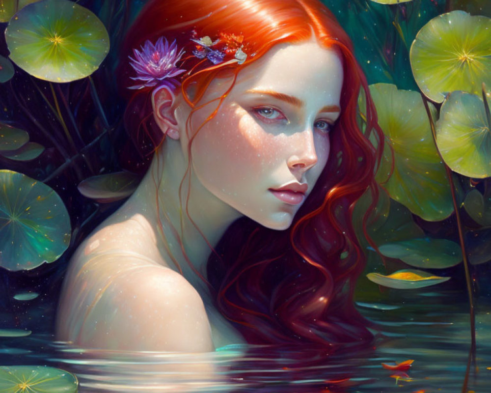 Red-Haired Woman with Flowers in Hair Emerging from Pond