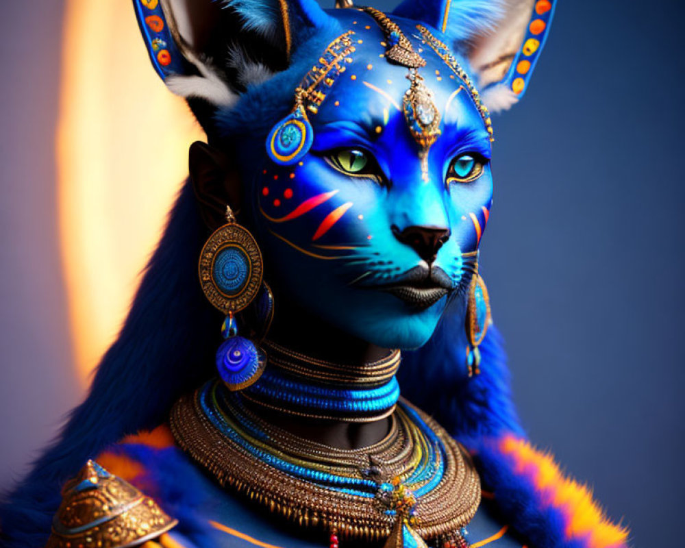 Colorful digital art featuring a blue anthropomorphic feline with tribal jewelry and intricate facial markings