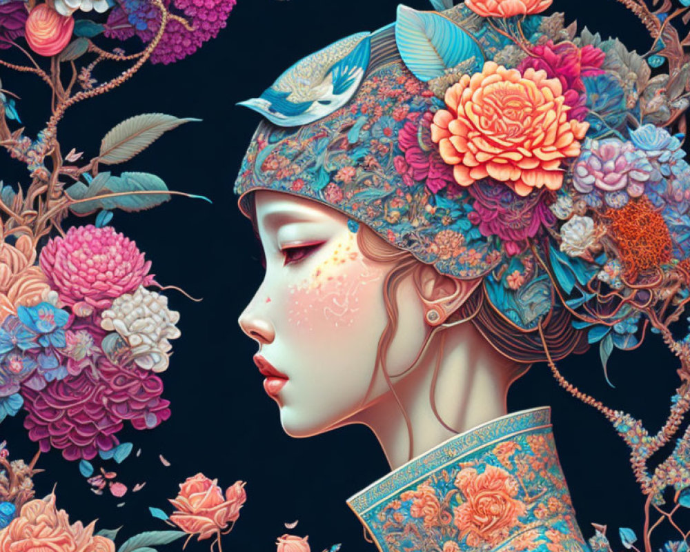 Detailed Illustration: Woman with Floral Patterns in Vibrant Surroundings