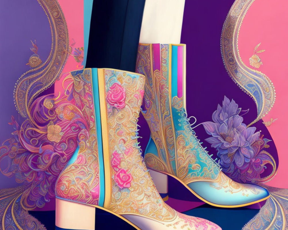 Pastel-colored floral patterned boots on purple background with elegant border designs