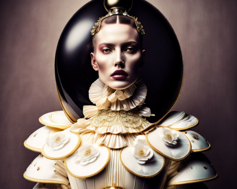 Avant-garde portrait featuring white and gold costume with ruffles and black headpiece