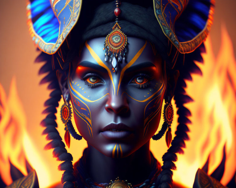 Tribal-inspired woman in blue and orange hues against fiery background