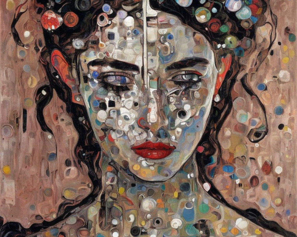 Colorful abstract portrait with circular patterns on woman's face.