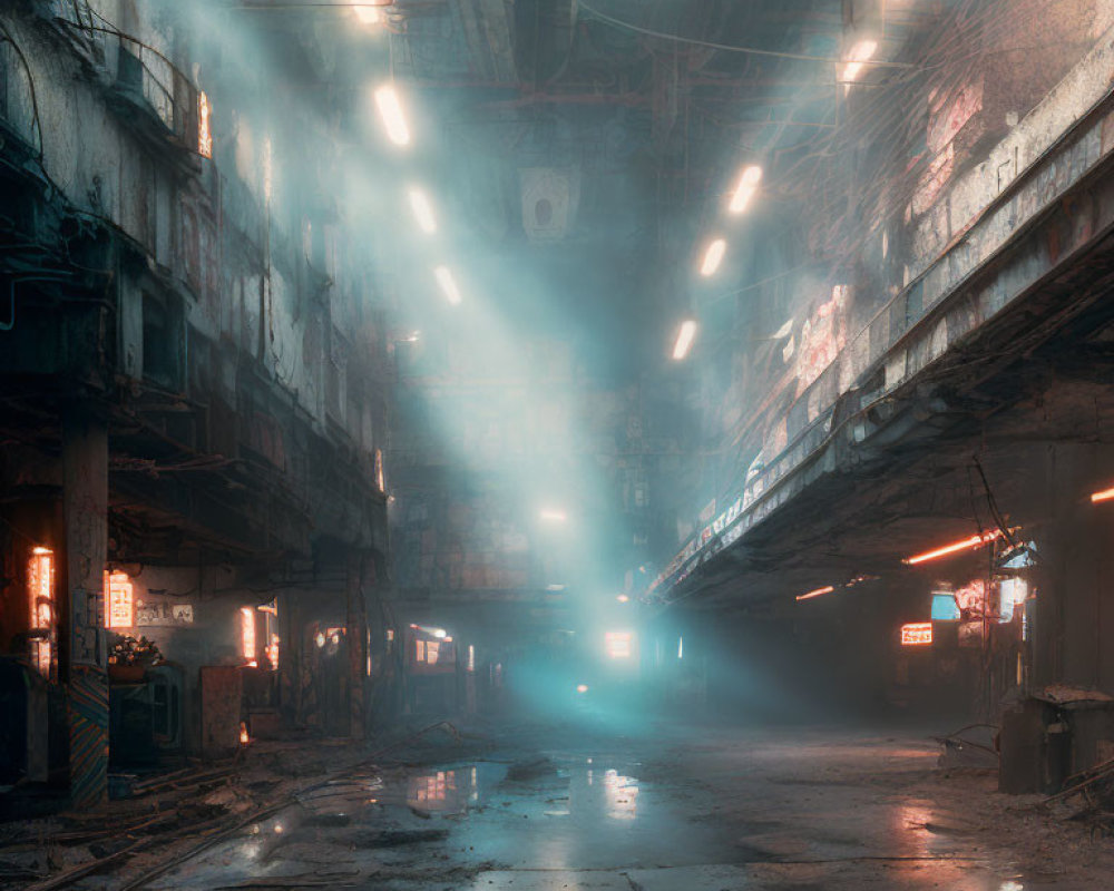 Abandoned industrial site with eerie lighting and hanging cables