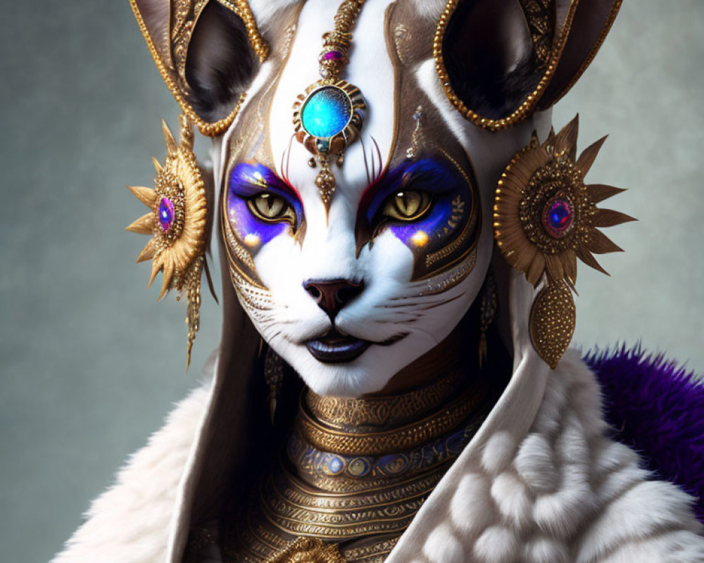 Regal anthropomorphic feline with gold jewelry and white fur cloak