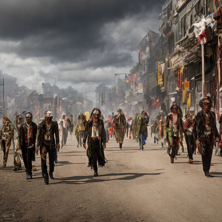 Elaborate Zombie Costumes Parade in Post-Apocalyptic Street