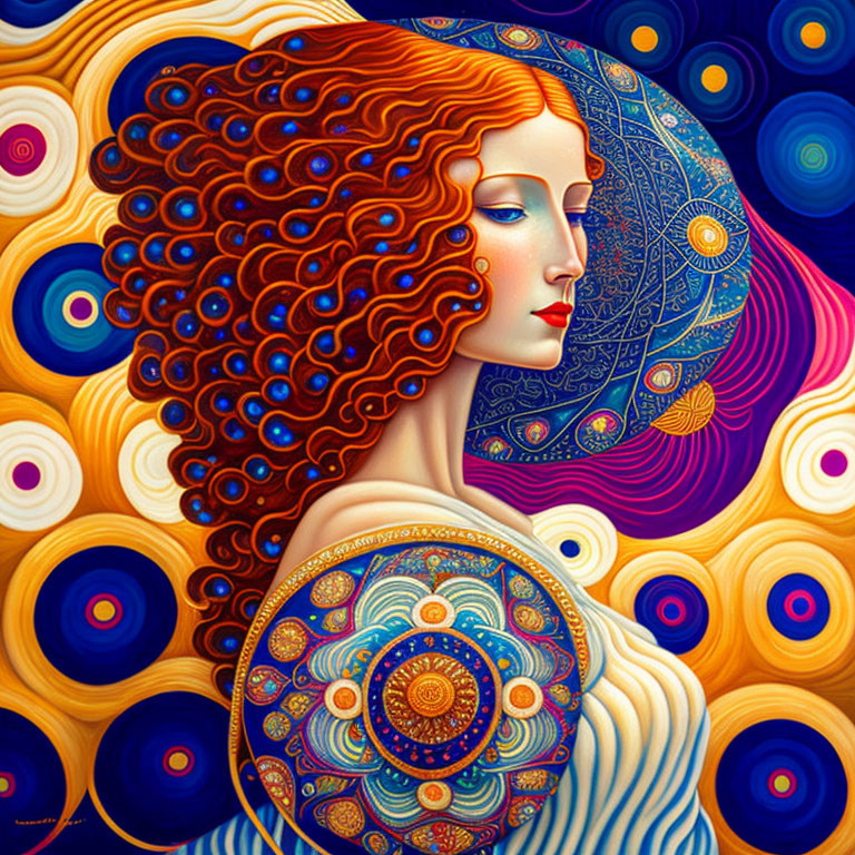 Colorful Painting of Woman with Red Curly Hair Holding Ornate Disc