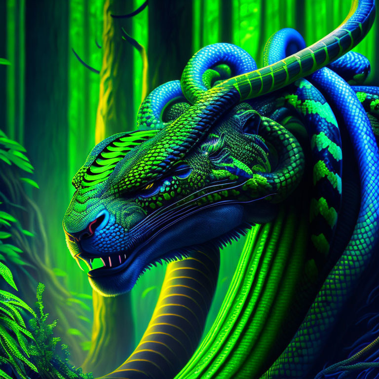 Green Dragon in Bamboo Forest: Vibrant Digital Artwork