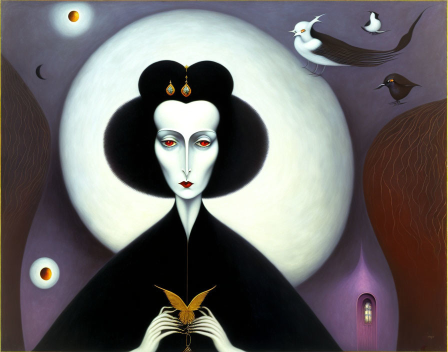 Surreal painting featuring pale woman in black gown with birds and planets