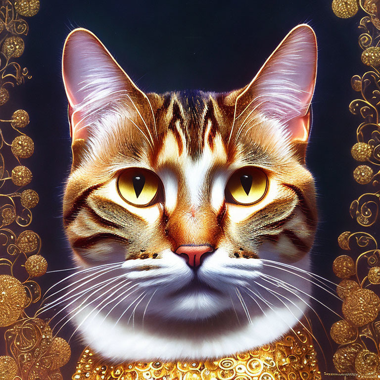 Majestic cat with amber eyes and golden fur patterns on dark backdrop