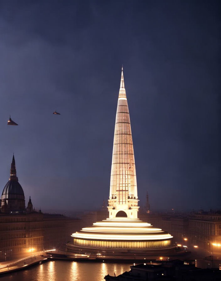 Tall skyscraper illuminated at dusk with birds flying by