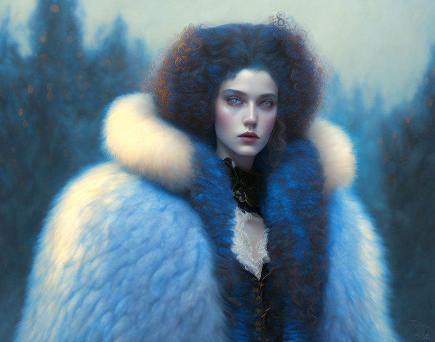 Digital artwork: Woman in blue fur coat with curly hair, serene expression