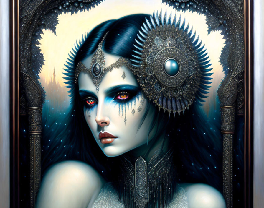 Fantasy portrait of woman with blue-black hair and steampunk elements