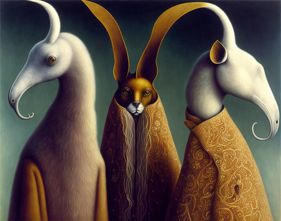 Anthropomorphic Goat and Hare Creatures in Ornate Robes Stand Together