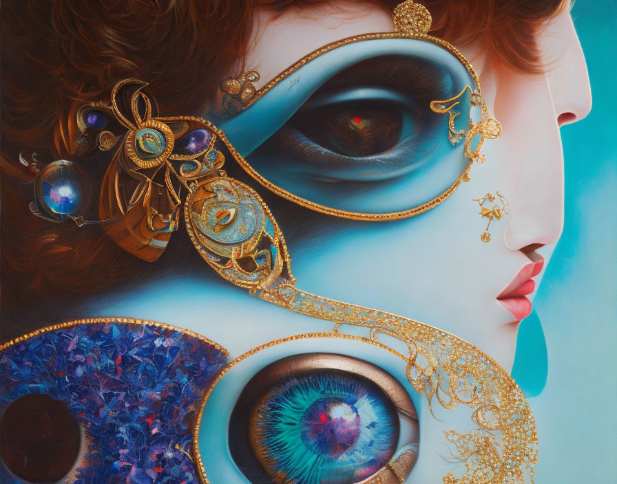 Surreal painting of woman's face with clockwork-style details.