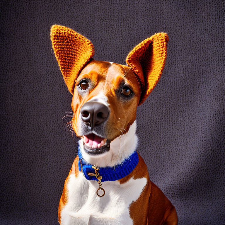 Brown and White Dog with Blue Collar on Grey Background