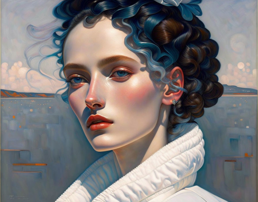 Digital painting of woman with blue-accented curly hair and white puffy collar