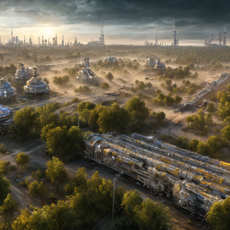 Futuristic chrome-detailed train in industrial landscape.