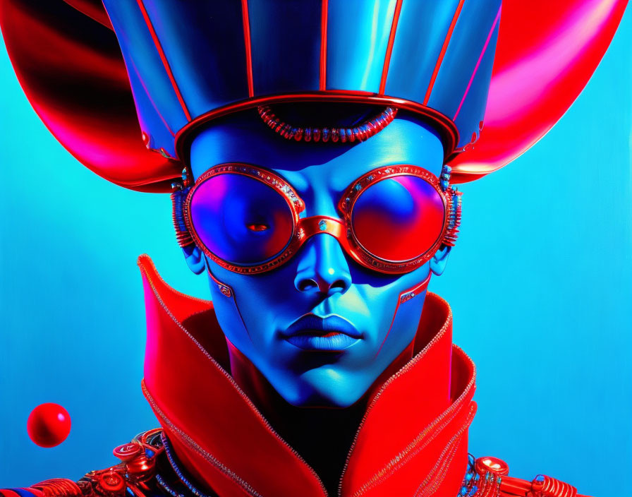 Elaborate Red and Blue Headgear with Sunglasses on Blue Background