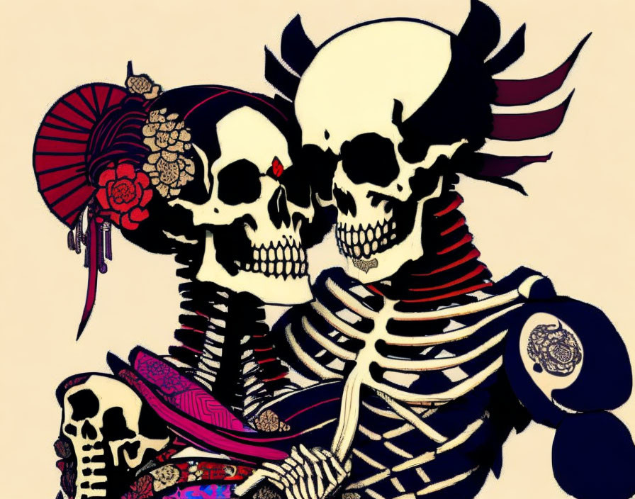 Illustrated skulls in Japanese attire with floral patterns on beige background