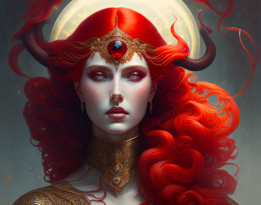 Vibrant red hair fantasy woman with golden adornments and mystical aura