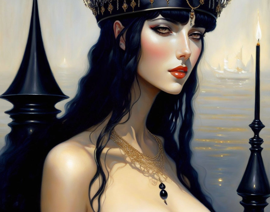 Illustrated female figure with black crown and gold jewelry in candlelit setting