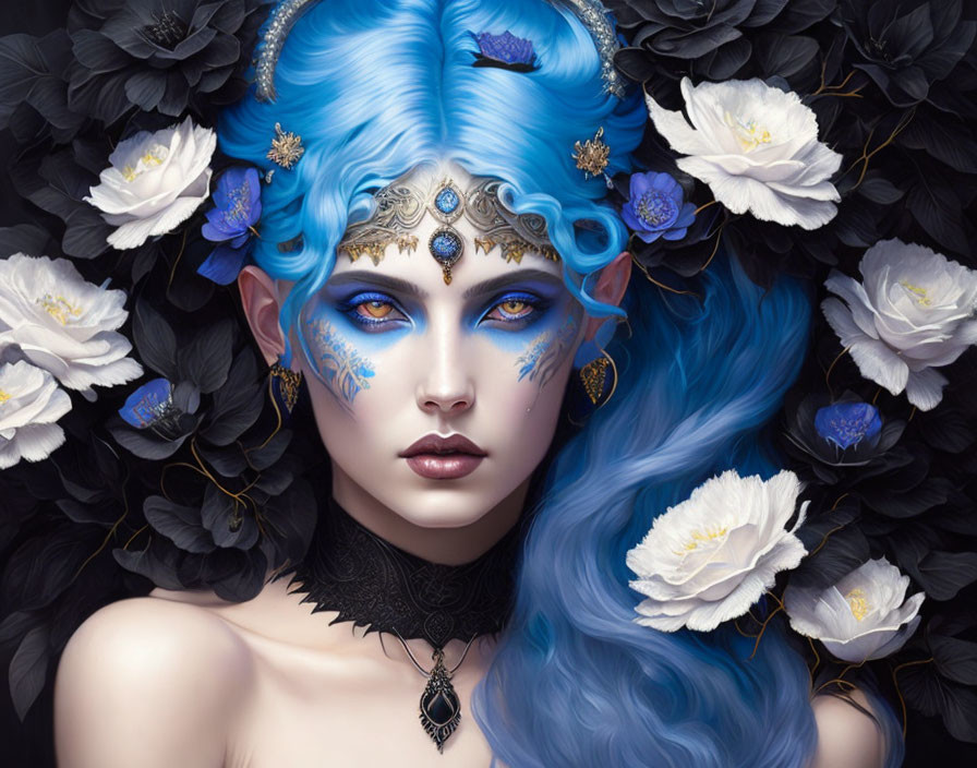 Fantasy portrait of woman with blue hair and eyes, adorned with ornate jewelry and tattoos.