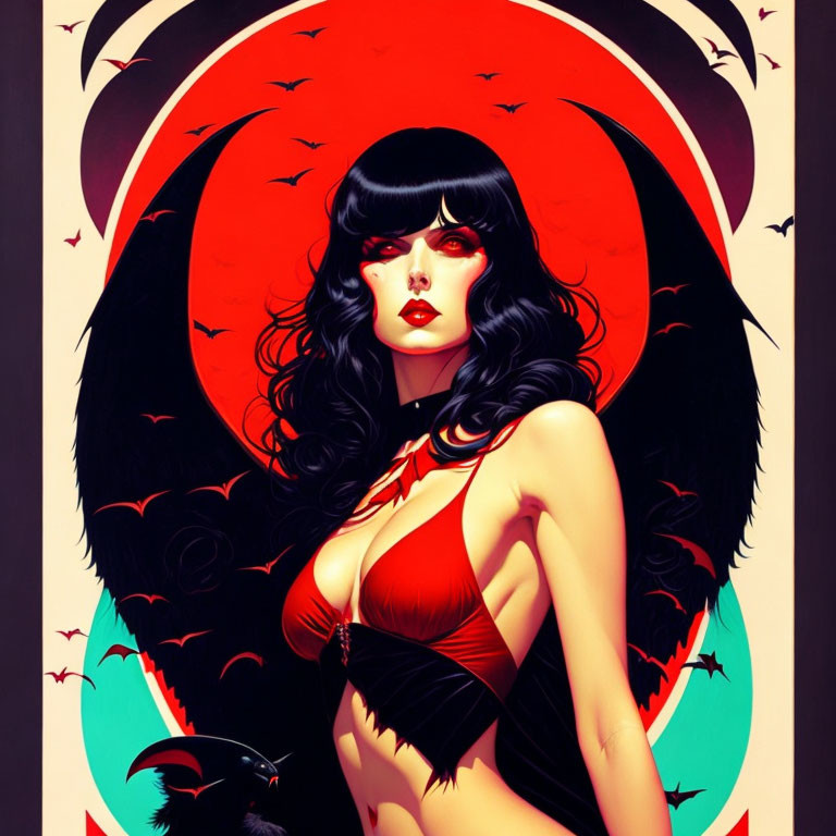 Stylized illustration of woman with black hair and red attire under crimson moon, with bats and r