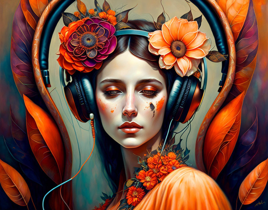 Digital Artwork: Woman with Closed Eyes in Headphones and Floral Feathers