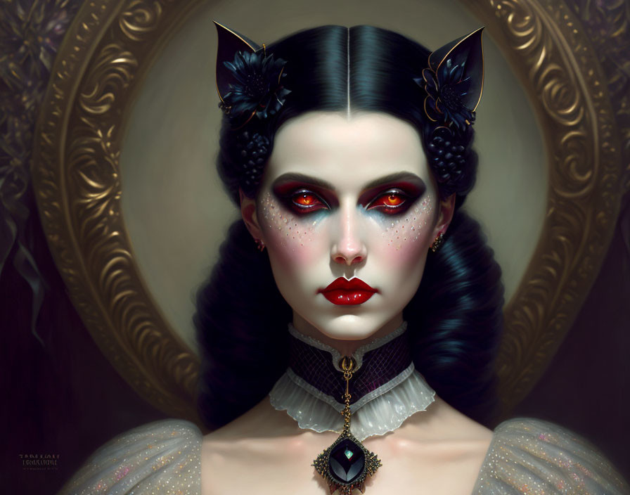 Portrait of Woman with Red Eyes, Braided Buns, Bat-Winged Accessories, and Victorian Coll